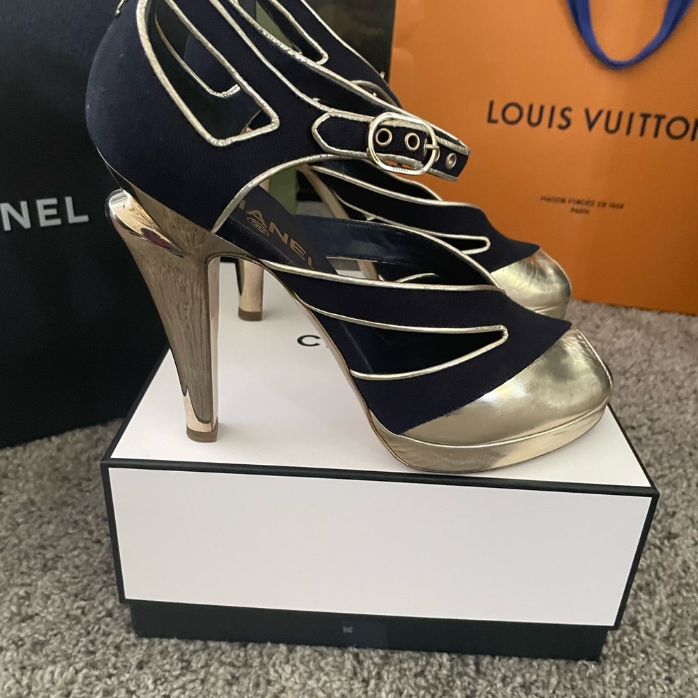 "Navy Canvas Chanel Pumps with Gold Heel - Authentic Luxury on Poshmark" - Picture 5 of 11